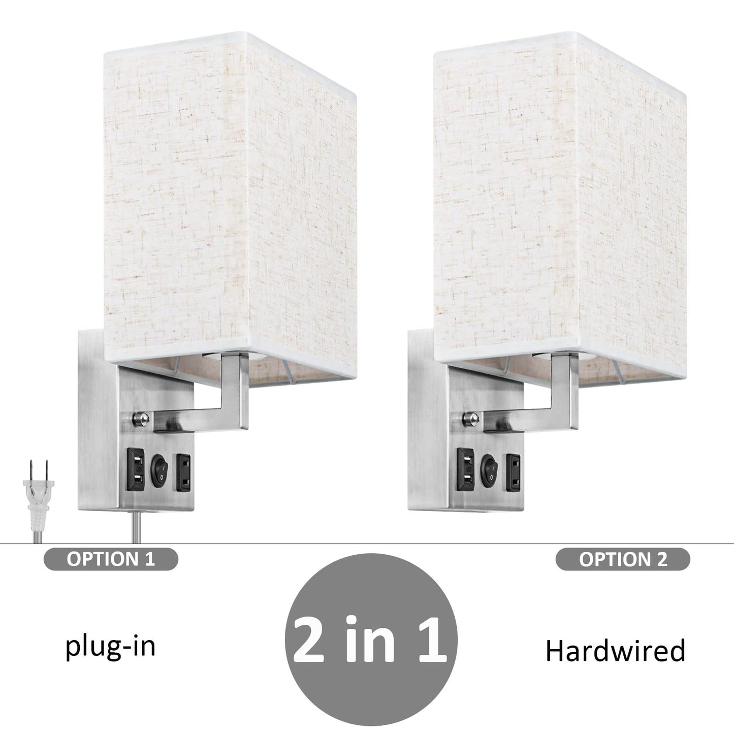Bedside Wall Lamp Set of 2, Plug in Wall Light with USB Charging Ports and AC Outlet Socket, Brushed Nickel Modern Wall Sconces with Plug in Cord for Bedroom Living Room, E26 LED Bulb Included