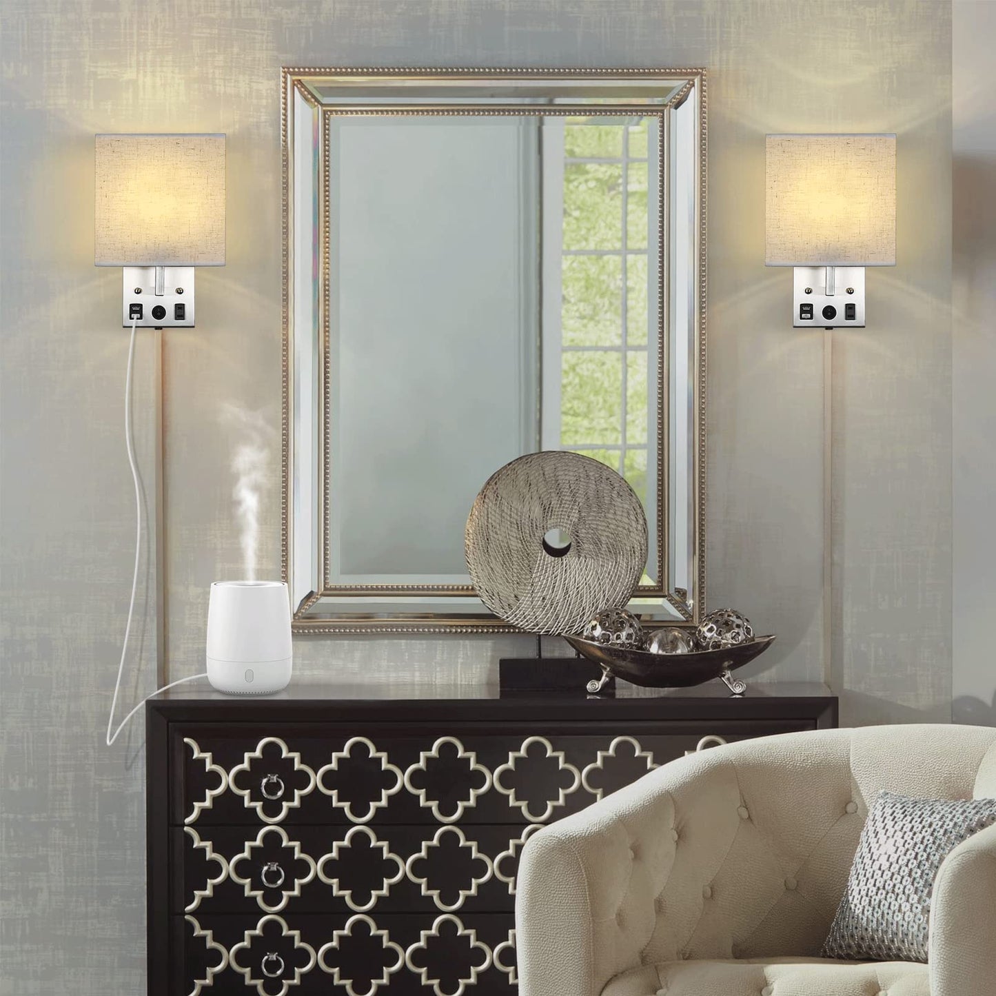Bedside Wall Lamp Set of 2, Plug in Wall Light with USB Charging Ports and AC Outlet Socket, Brushed Nickel Modern Wall Sconces with Plug in Cord for Bedroom Living Room, E26 LED Bulb Included