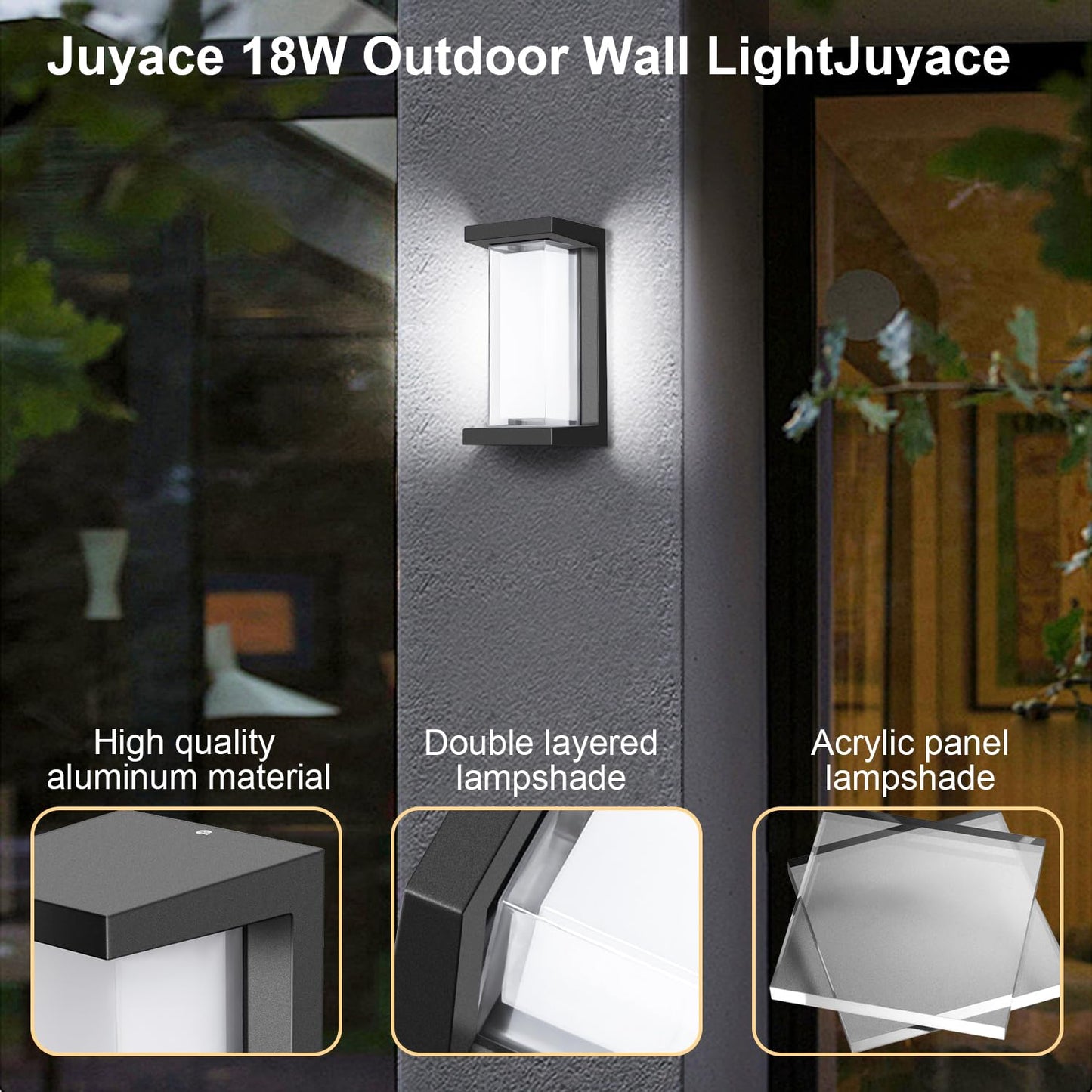 Juyace 18w Outdoor Porch Lights Exterior Lighting Fixtures Wall Mount Rectangular Modern Patio Sconces 1800Lm 6000k Aluminum Black IP65 for Garage House Front Door Entryway (2 Pack)