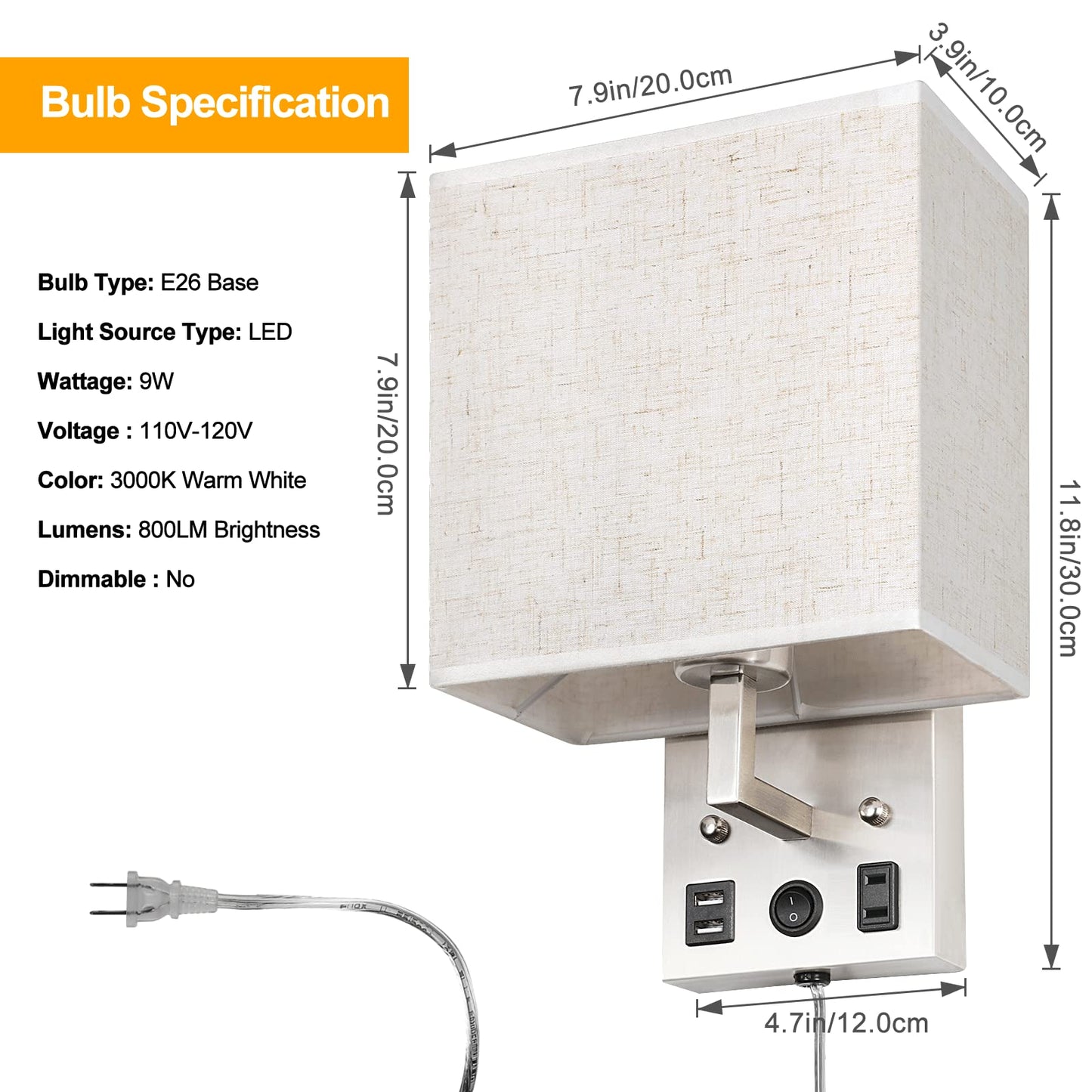 Bedside Wall Lamp Set of 2, Plug in Wall Light with USB Charging Ports and AC Outlet Socket, Brushed Nickel Modern Wall Sconces with Plug in Cord for Bedroom Living Room, E26 LED Bulb Included