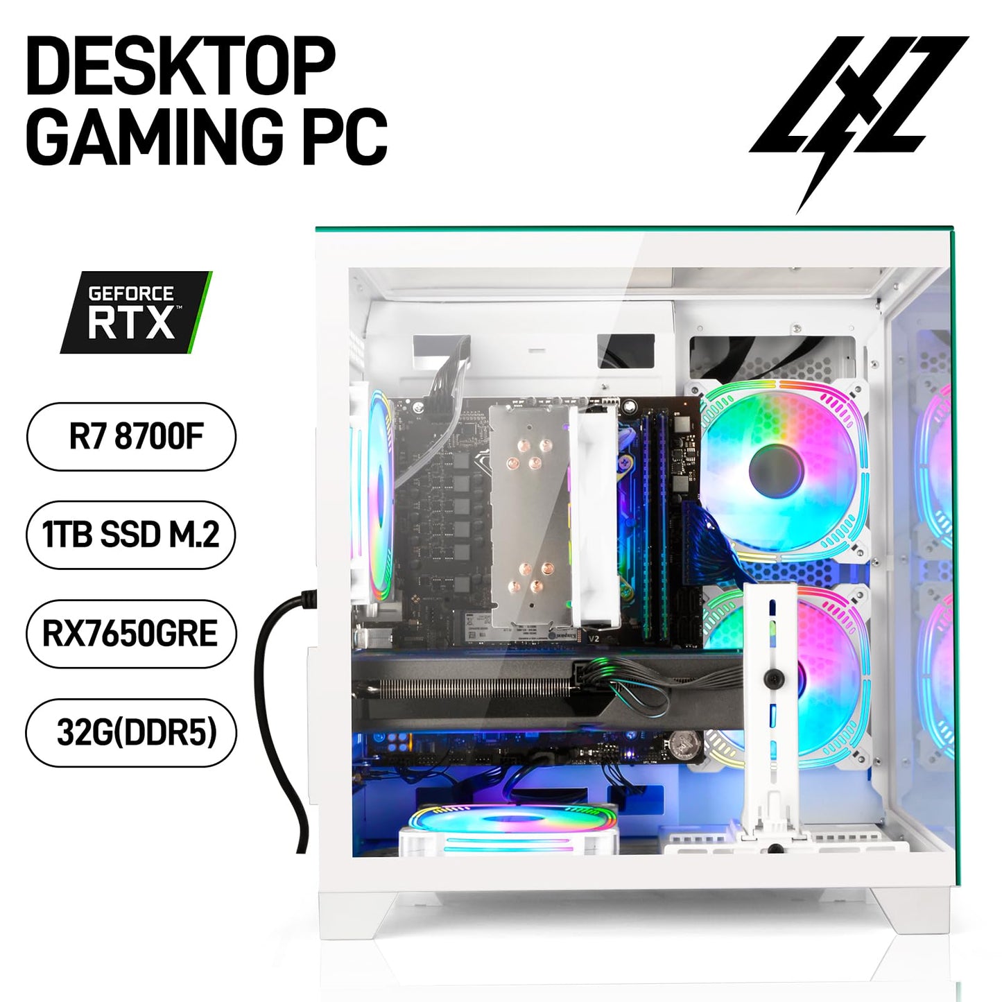 LXZ Gaming PC Desktop Ryzen 7 8700F | AMD Radeon RX 7650GRE 8GB | 32GB DDR5 RAM | 1TB SSD | High-End Tower Computer(White)