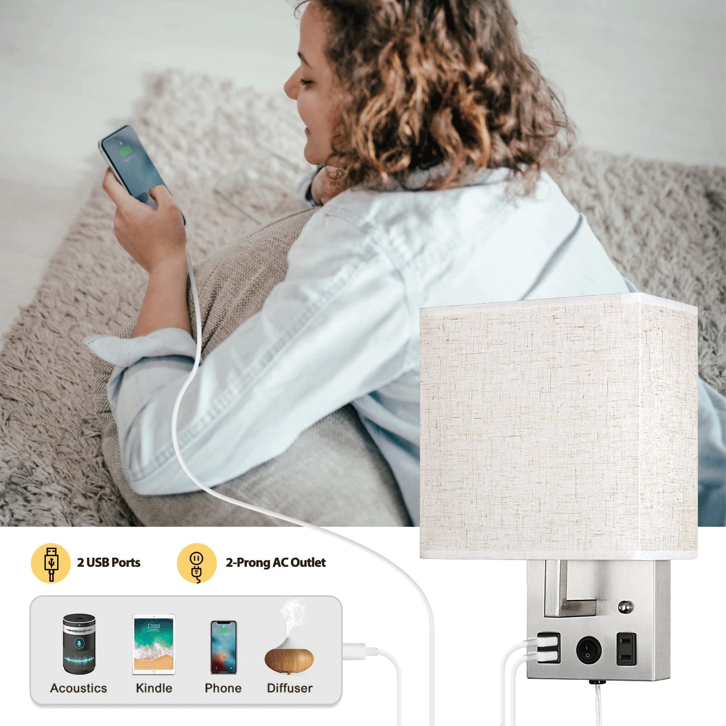 Bedside Wall Lamp Set of 2, Plug in Wall Light with USB Charging Ports and AC Outlet Socket, Brushed Nickel Modern Wall Sconces with Plug in Cord for Bedroom Living Room, E26 LED Bulb Included