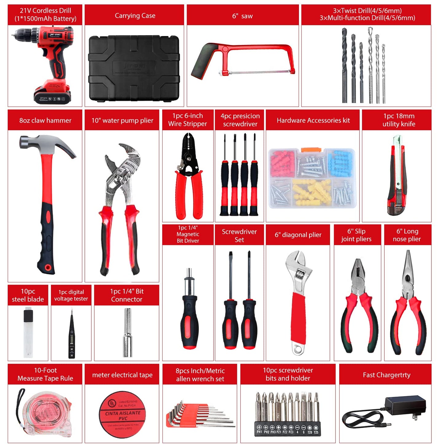 jar-owl Powerful Brushless Motor 21V Cordless Drill Set, 319 in-lb Torque, 0-1350RMP Variable Speed, 10MM 3/8'' Keyless Chuck, 25+1 Clutch, 1.5Ah Li-Ion Battery & Charger for Home Tool Kit