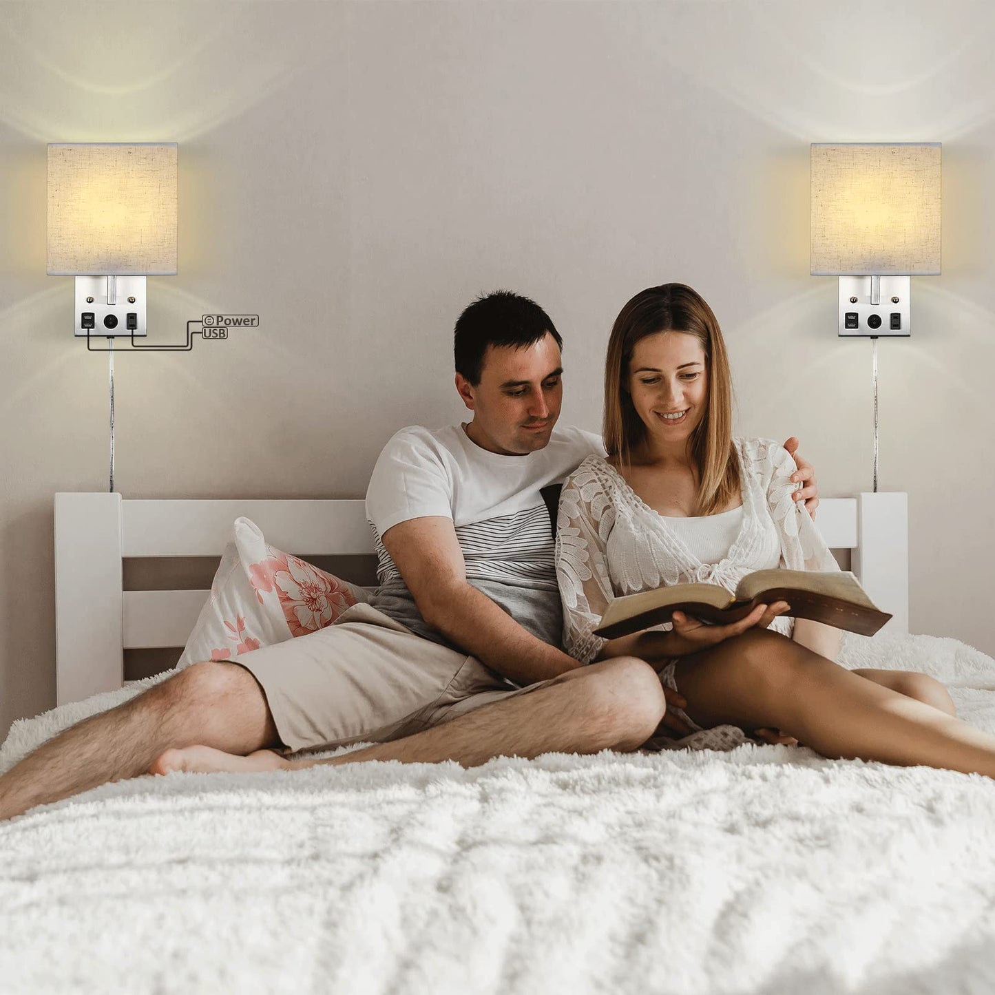 Bedside Wall Lamp Set of 2, Plug in Wall Light with USB Charging Ports and AC Outlet Socket, Brushed Nickel Modern Wall Sconces with Plug in Cord for Bedroom Living Room, E26 LED Bulb Included