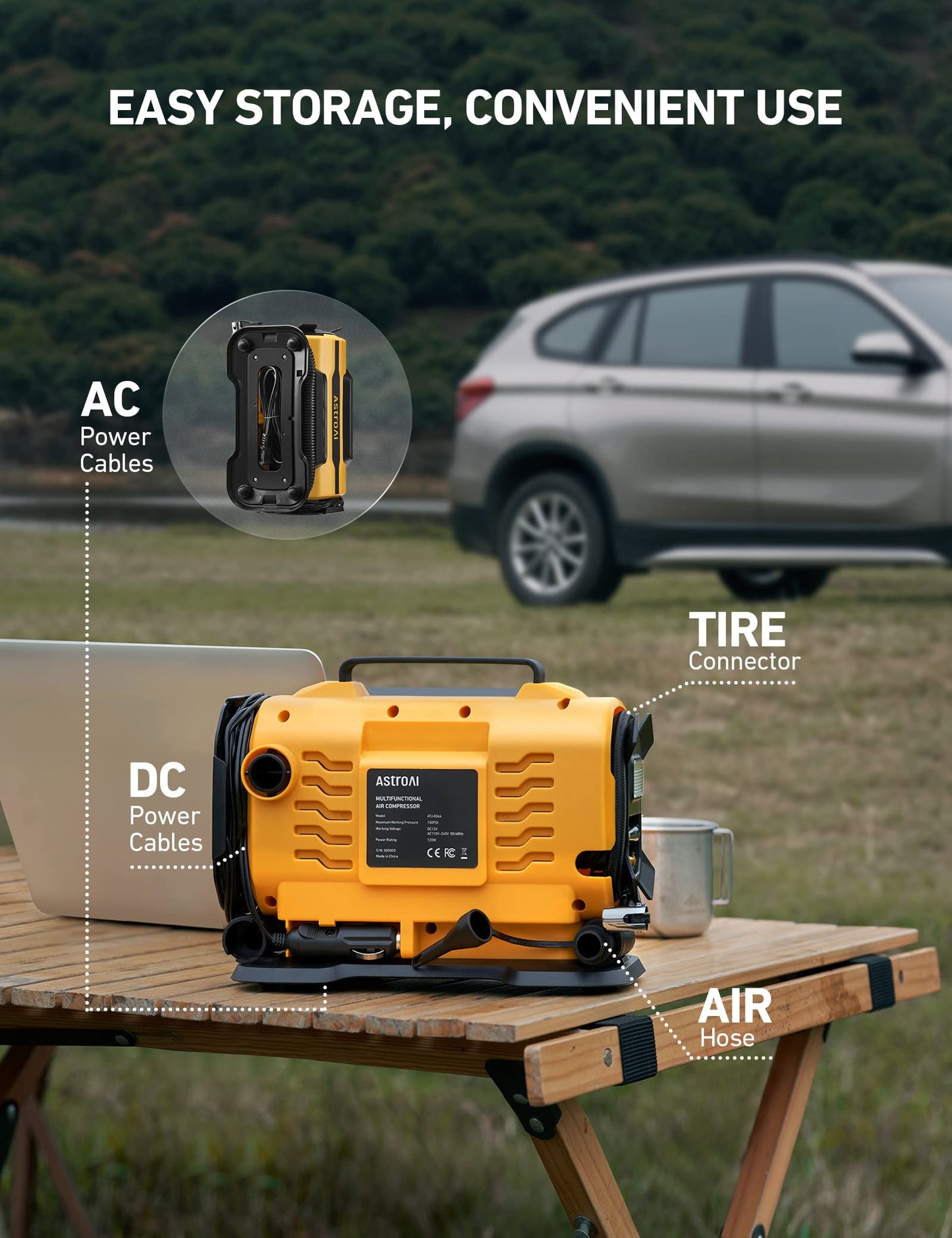 AstroAI Tire Inflator Portable Air Compressor Pump 150PSI 12V DC/110V AC with Dual Metal Motors &LED Light, Automotive Car Accessories&Two mode for car, bicycle tires and air mattresses, Yellow
