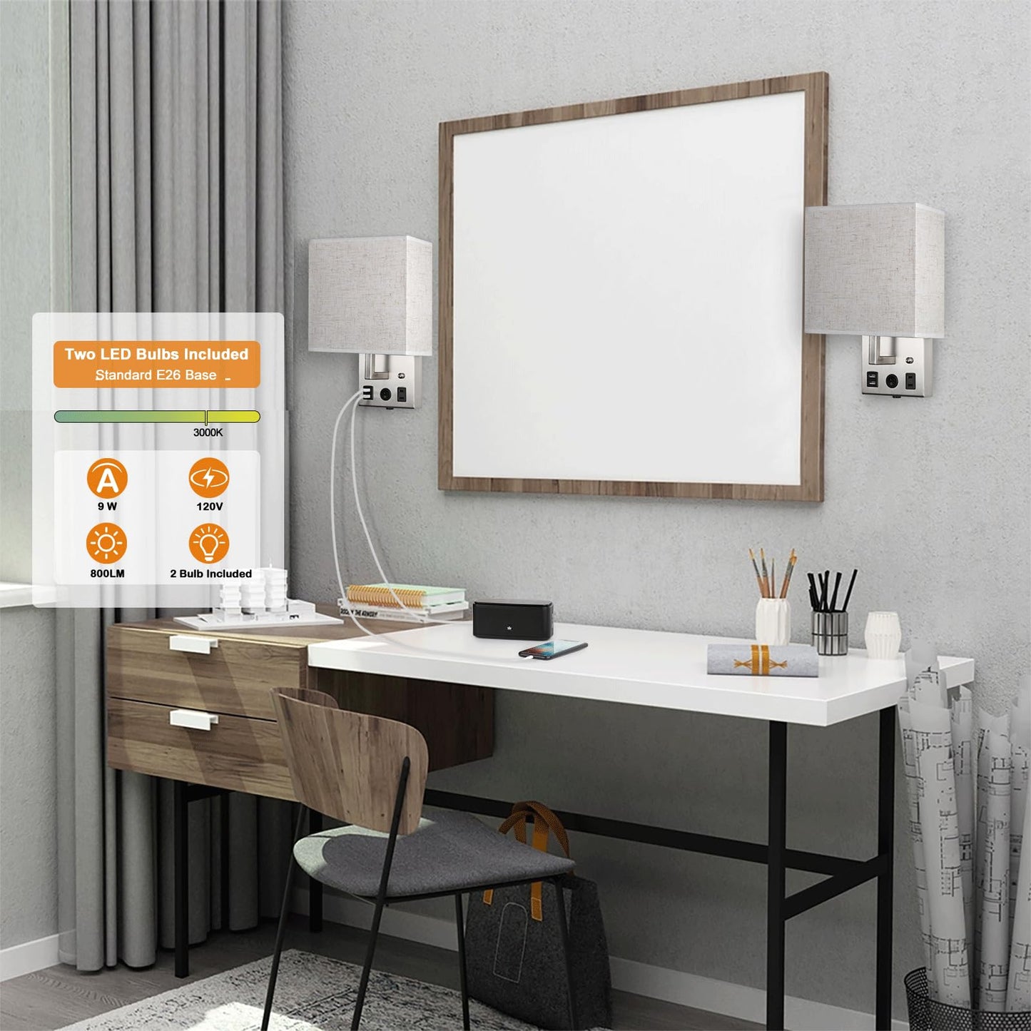 Bedside Wall Lamp Set of 2, Plug in Wall Light with USB Charging Ports and AC Outlet Socket, Brushed Nickel Modern Wall Sconces with Plug in Cord for Bedroom Living Room, E26 LED Bulb Included