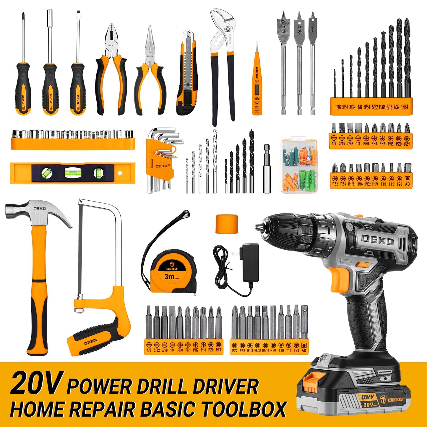 Cordless Drill Tool Kit Set: 20V Power Drill Tool Box with Battery Electric Drill Driver for Men Home Hand Repair Basic Toolbox Tools Sets Drills Case