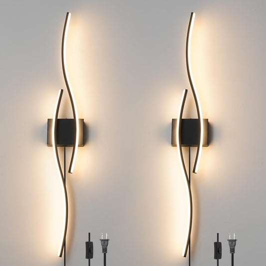 Daunton Modern Plug in Wall Sconces Set of Two, RC Dimmable LED Plug in Wall Light, Black Sconce Wall Lighting for Living Room, Hallway, Bedroom