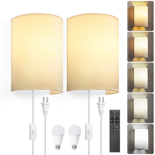GOODATE Plug in Wall Sconces, Stepless Colors 2700K-6500K & Stepless Dimming, Wall Sconces Set of Two with Remote & Switch Control, Plug in Wall Light with Timer, Bulbs Included, White