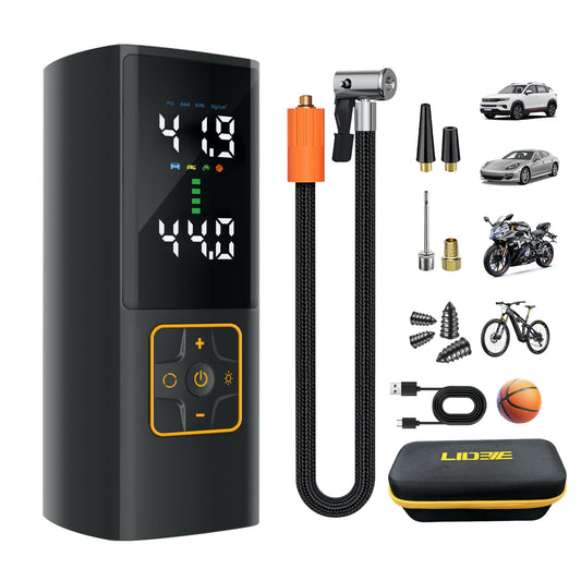 LIDEIE Tire Inflator Portable Air Compressor 150PSI Cordless Air Pump with Color Digital Pressure Gauge 3X Faster Inflation Rechargeable USB-C Power Bank LED Light for Car Motorcycle Bike Ball