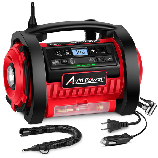 AVID POWER Tire Inflator Portable Air Compressor, 12V DC 110V AC Car Tire Pump, Air Mattress Pump with Inflation and Deflation Modes, Dual Powerful Motors, Digital Pressure Gauge