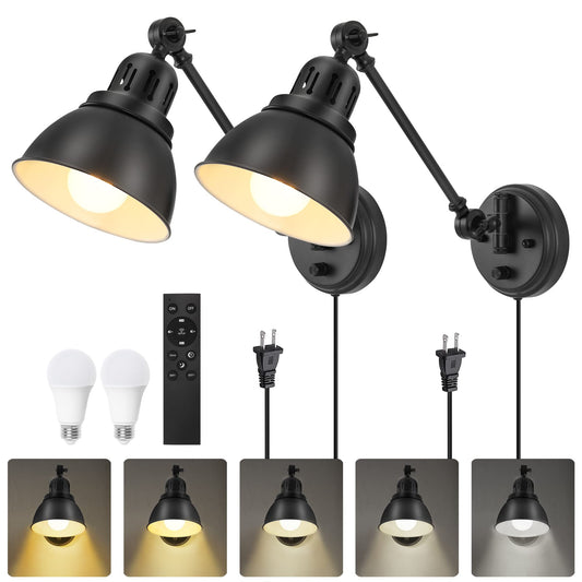 Plug in Wall Sconces Set of Two with Remote, Stepless Dimming & Stepless Colors 2700K-6500K, Swing Arm Wall Lamp, Plug in Wall Light with Night Light & Timer, Hardwired or Plug-in, LED Bulbs Included