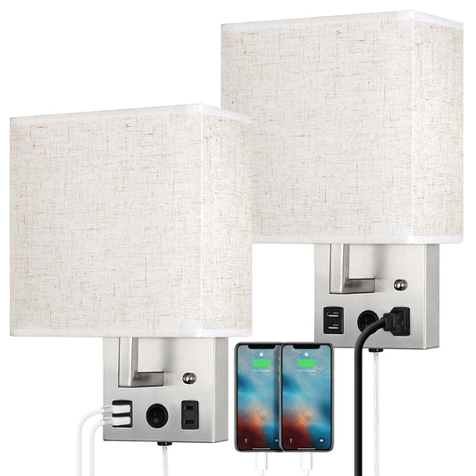 Bedside Wall Lamp Set of 2, Plug in Wall Light with USB Charging Ports and AC Outlet Socket, Brushed Nickel Modern Wall Sconces with Plug in Cord for Bedroom Living Room, E26 LED Bulb Included